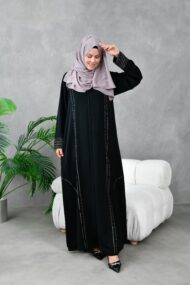 Leyali Dubai | Kahve & Krem Nakış İşlemeli İpek Ferace - Görsel 3