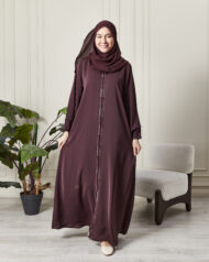 Leyali Dubai | Zarif Şerit Detaylı Mürdüm İpek Abaya - Görsel 5