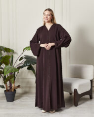 Leyali Dubai | Kristal Şerit İşlemeli V Yaka Mürdüm İpek Abaya - Görsel 6