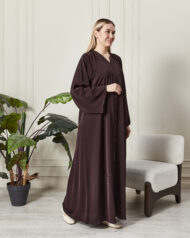 Leyali Dubai | Kristal Şerit İşlemeli V Yaka Mürdüm İpek Abaya