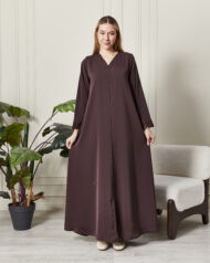 Leyali Dubai Fransız Dantel Detaylı Mürdüm İpek Abaya - Görsel 4