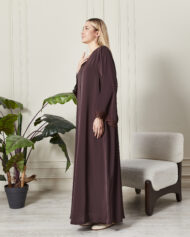 Leyali Dubai Fransız Dantel Detaylı Mürdüm İpek Abaya - Görsel 7