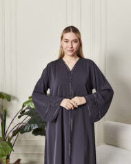 Leyali Dubai | İnce Hatlı Antrasit İpek Abaya - Görsel 2