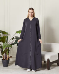 Leyali Dubai | İnce Hatlı Antrasit İpek Abaya - Görsel 4