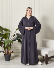 Leyali Dubai | İnce Hatlı Antrasit İpek Abaya - Görsel 5