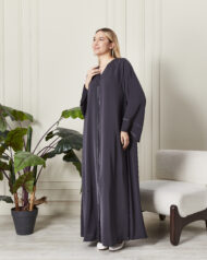 Leyali Dubai | İnce Hatlı Antrasit İpek Abaya - Görsel 6