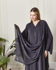 Leyali Dubai | İnce Hatlı Antrasit İpek Abaya - Görsel 8