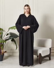 Üç Sıra Dantel Şeritli & Taşlı Siyah İpek Abaya