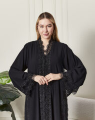 Leyali Dubai | Boydan Dantel İşlemeli ve Kristal Işıltılı Lüks İpek Abaya - Görsel 2