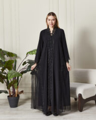 Leyali Dubai | Boydan Dantel İşlemeli ve Kristal Işıltılı Lüks İpek Abaya - Görsel 4