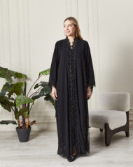 Leyali Dubai | Boydan Dantel İşlemeli ve Kristal Işıltılı Lüks İpek Abaya - Görsel 5