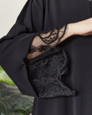 Leyali Dubai | Fransız Dantel ve Mikro Kristal Detaylı Siyah İpek Abaya - Görsel 3