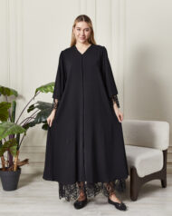 Leyali Dubai | Fransız Dantel ve Mikro Kristal Detaylı Siyah İpek Abaya - Görsel 4