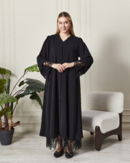 Leyali Dubai | Fransız Dantel ve Mikro Kristal Detaylı Siyah İpek Abaya - Görsel 5