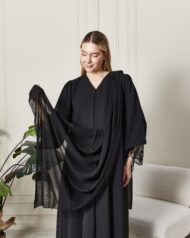 Leyali Dubai | Fransız Dantel ve Mikro Kristal Detaylı Siyah İpek Abaya - Görsel 8