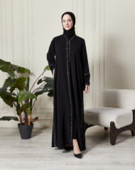 Leyali Dubai | Swarovski Işıltılı Dantel Nakışlı Lüks İpek Abaya - Görsel 3
