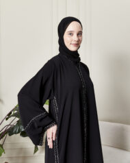 Leyali Dubai | Swarovski Işıltılı Dantel Nakışlı Lüks İpek Abaya - Görsel 7