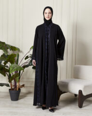 Leyali Dubai | Gece Mavisi Dantel İşlemeli 1. Kalite İpek Abaya - Görsel 3