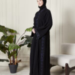 Leyali Dubai | Gece Mavisi Dantel İşlemeli 1. Kalite İpek Abaya