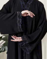 Leyali Dubai | Gece Mavisi Dantel İşlemeli 1. Kalite İpek Abaya - Görsel 5