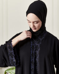 Leyali Dubai | Gece Mavisi Dantel İşlemeli 1. Kalite İpek Abaya - Görsel 6