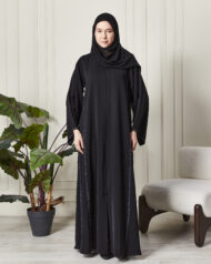 Leyali Dubai | Safir Işıltısı Swarovski İşlemeli Lüks İpek Abaya & Şal Takımı - Görsel 4