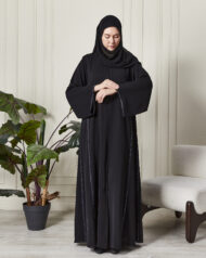 Leyali Dubai | Safir Işıltısı Swarovski İşlemeli Lüks İpek Abaya & Şal Takımı - Görsel 5