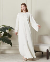 Leyali Dubai | Swarovski Taş İşlemeli İpek Ferace Takımı (Beyaz) - Görsel 3