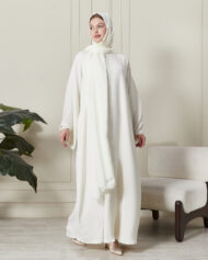 Leyali Dubai | Swarovski Taş İşlemeli İpek Ferace Takımı (Beyaz) - Görsel 7